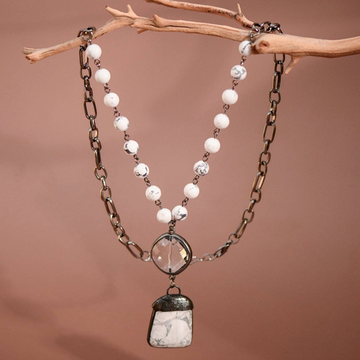 Natural Stone Pendant Beaded Chain Link Necklace S0OX3T6467