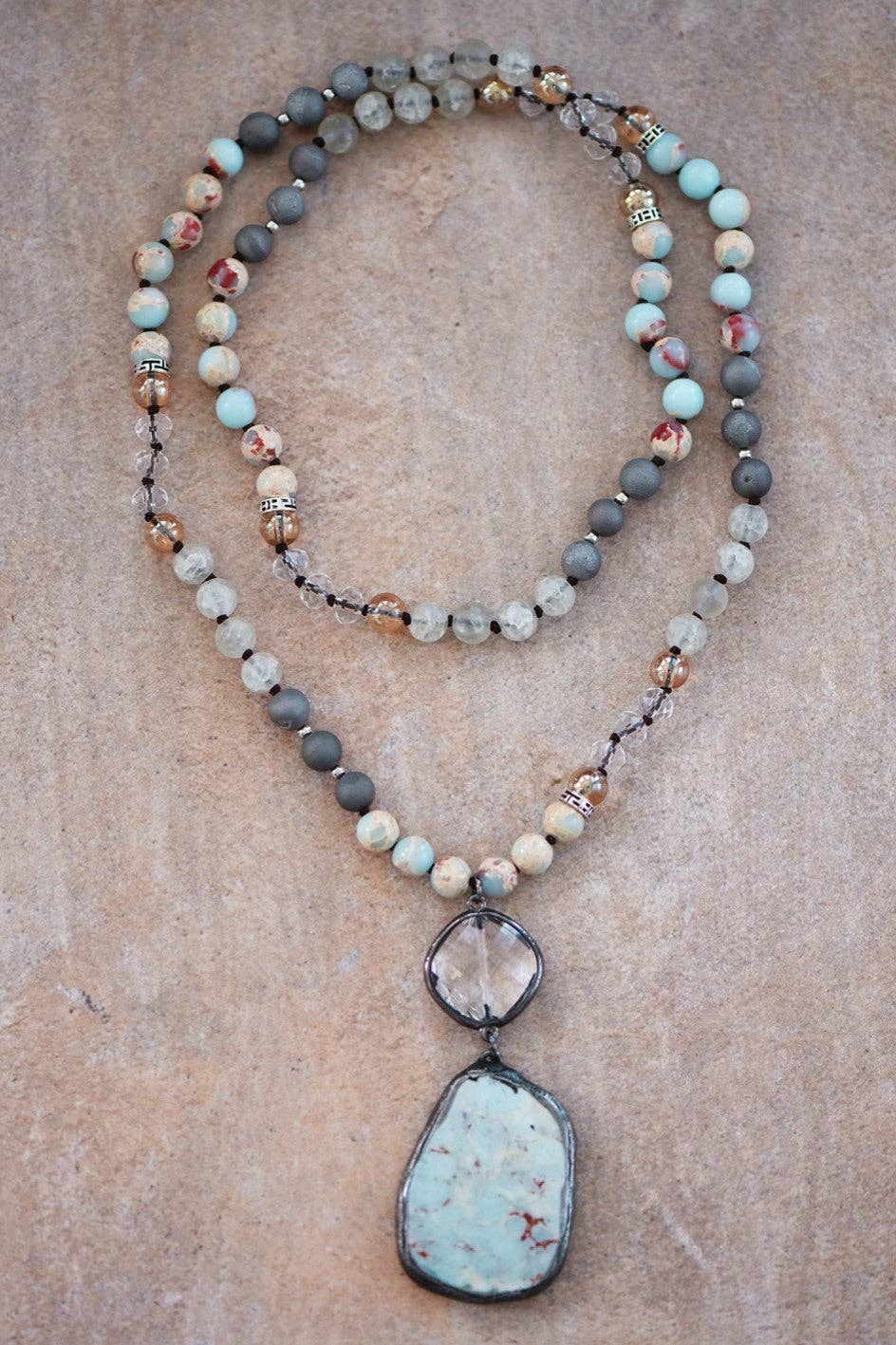 Natural Stone Bead Necklace with Stone Pendant S0OX3T6910