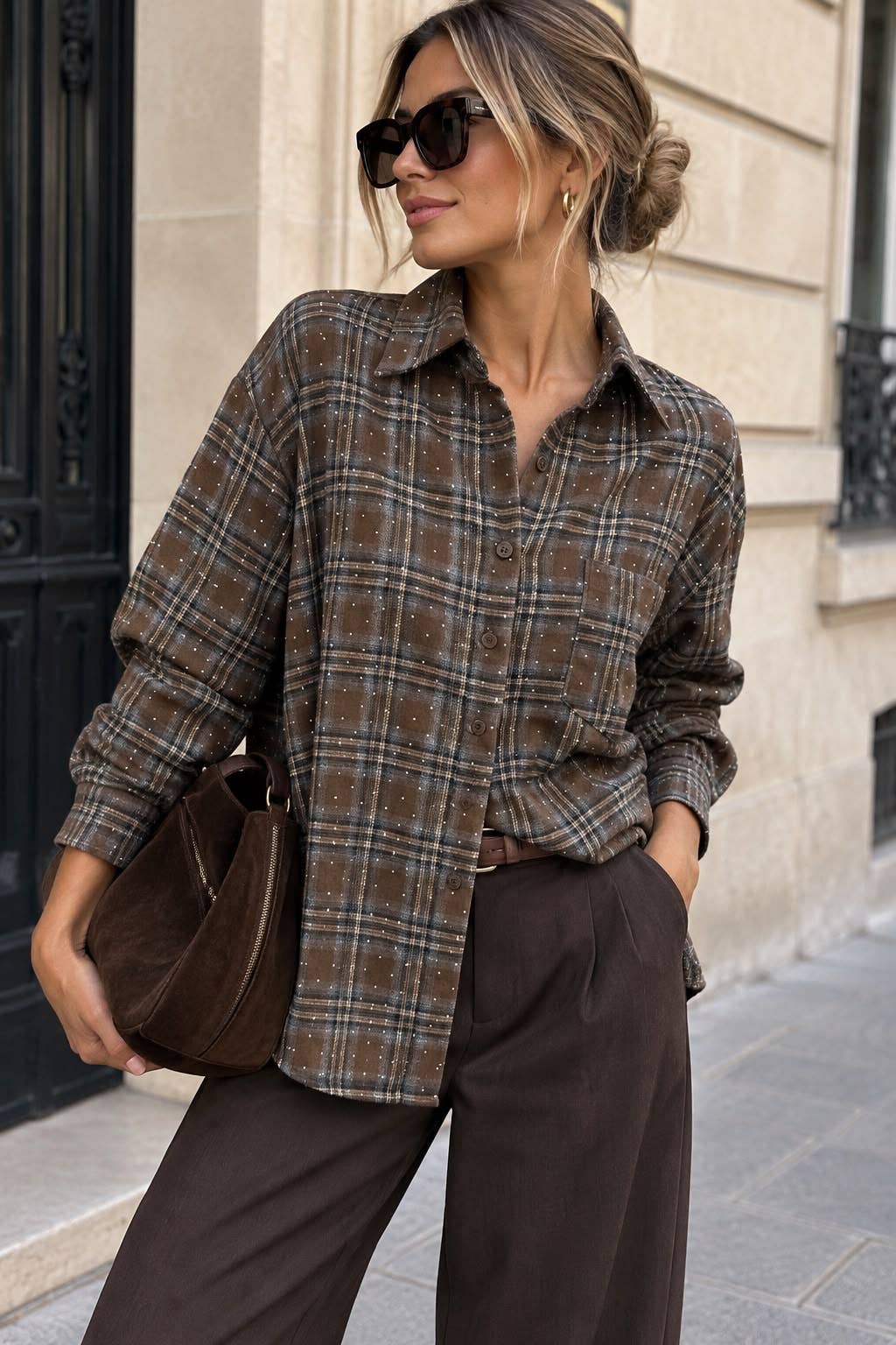 Oversized Plaid Shirt with Rhinestones