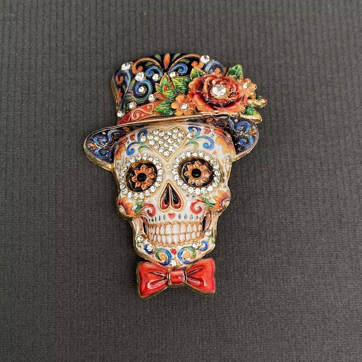 Handpicked Enamel Skull With Top Hat Brooch