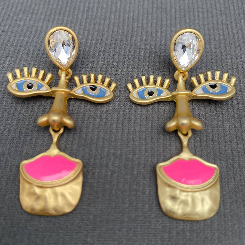 Handpicked Vintage Enamel Abstract Face Matted Gold Plated  Earrings