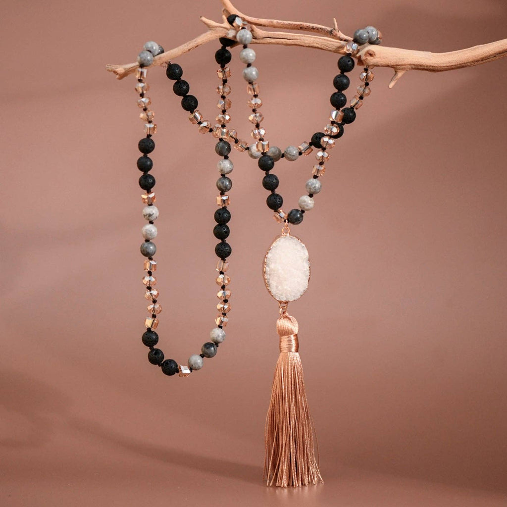 Stone Bead Necklace with Druzy Tassel Pendant S0OX3T6515