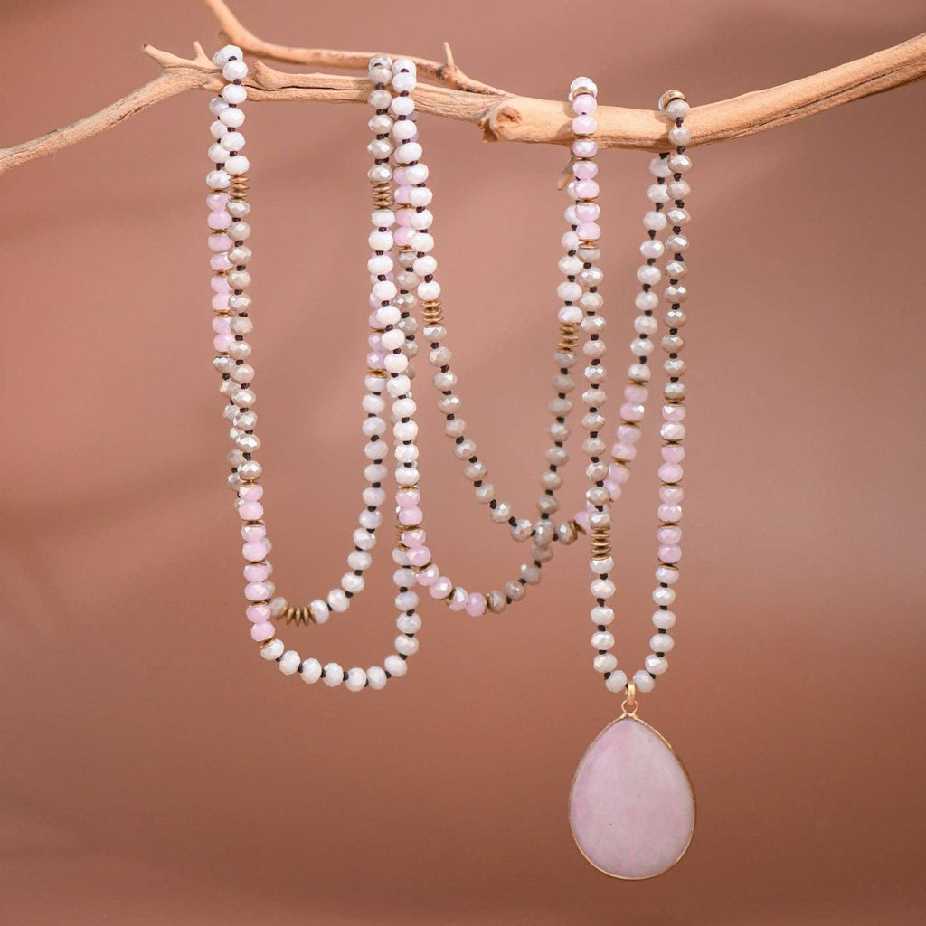Boho Mixed Glass Bead Wrap Necklace, Natural Stone Drop Pendant