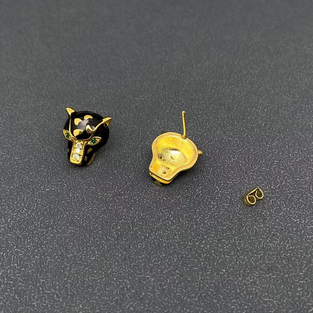 Handpicked Rhinestone Enamel Panther Black Leopard Ear Studs