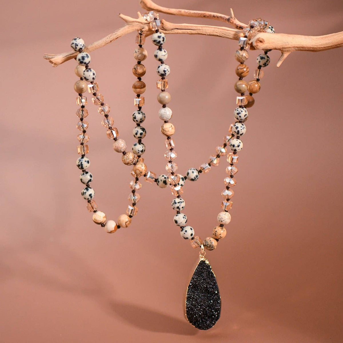 Natural Stone Bead Necklace with Druzy Pendant