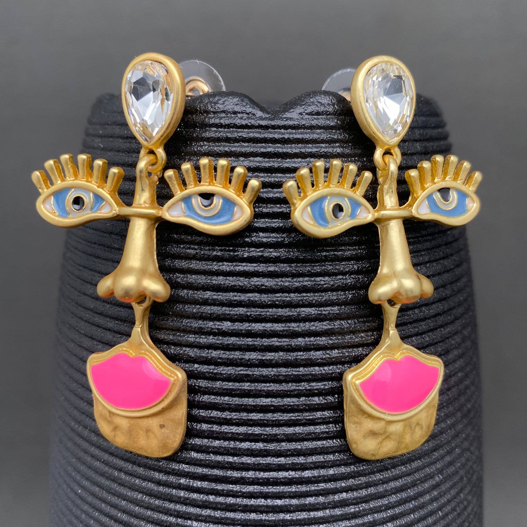Handpicked Vintage Enamel Abstract Face Matted Gold Plated  Earrings