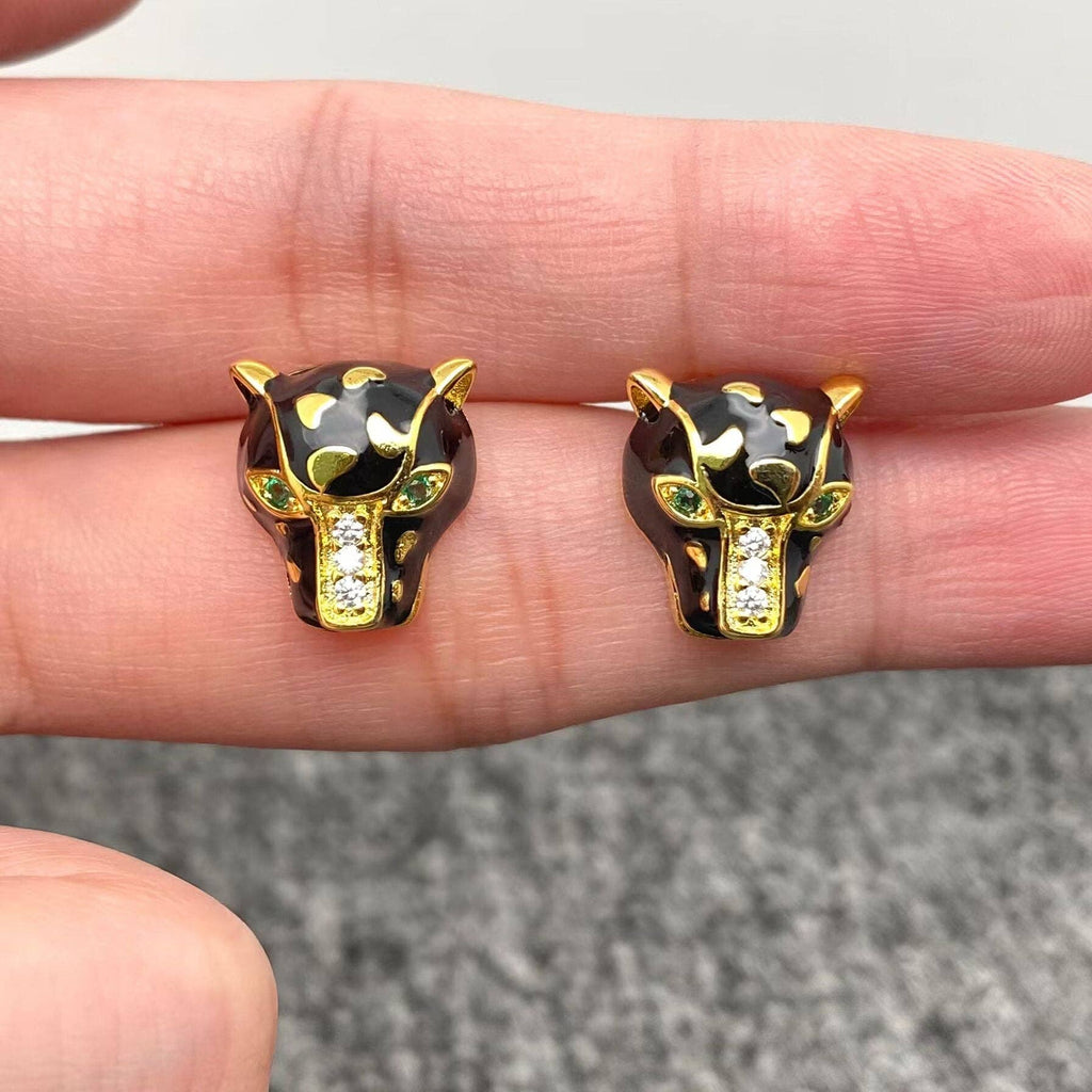 Handpicked Rhinestone Enamel Panther Black Leopard Ear Studs