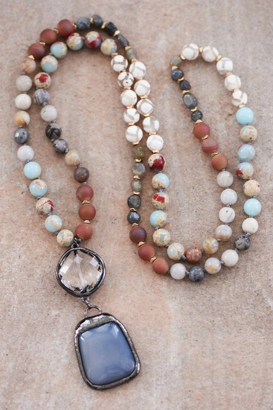 Natural Stone Bead Necklace with Stone Pendant S0OX3T6916