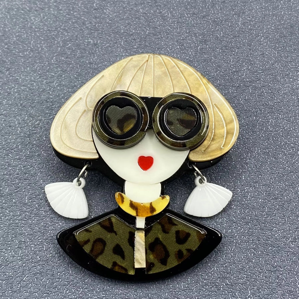 Handpicked Girl with Leopard Print Glasses Acrylic Brooch