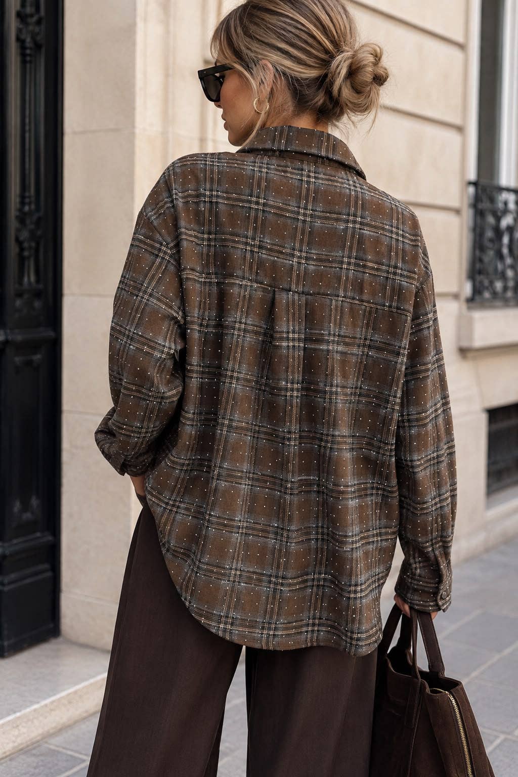 Oversized Plaid Shirt with Rhinestones
