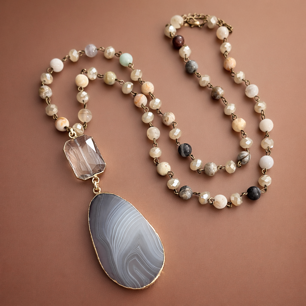 Natural Stone Bead Necklace with Agate Pendant S0OX3T6293