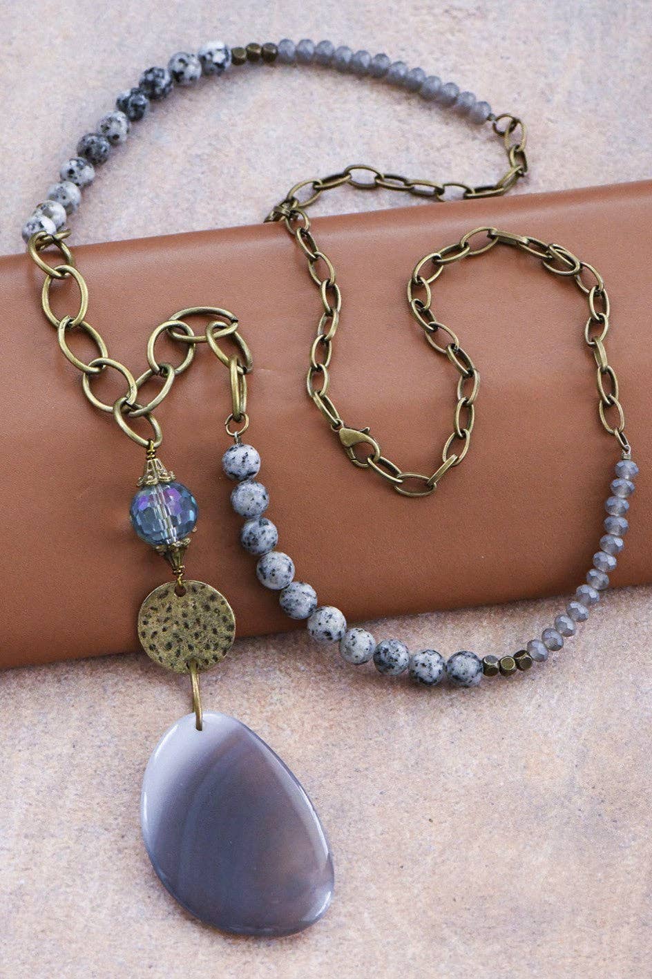 Natural Stone Bead Necklace with Stone Pendant S0OX3T6519