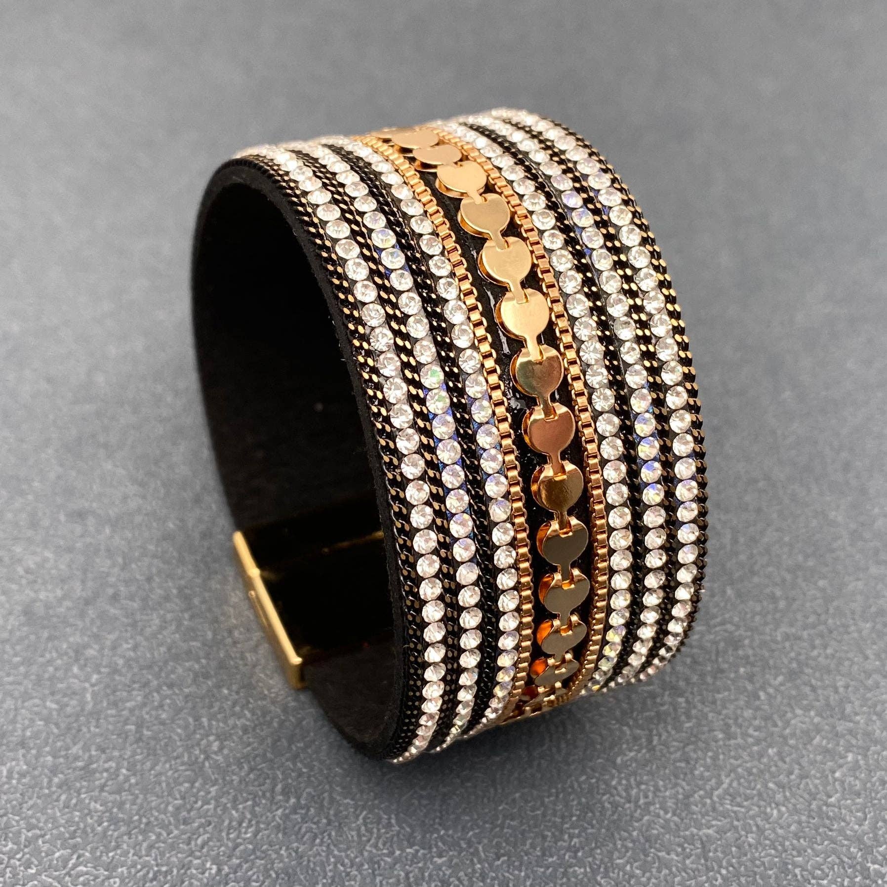 Handpicked Sparkling Rhinestone Leather Magnetic Clasp Bracelet