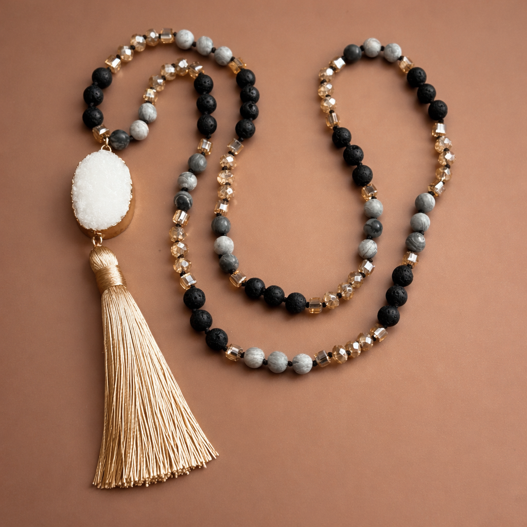 Stone Bead Necklace with Druzy Tassel Pendant S0OX3T6515