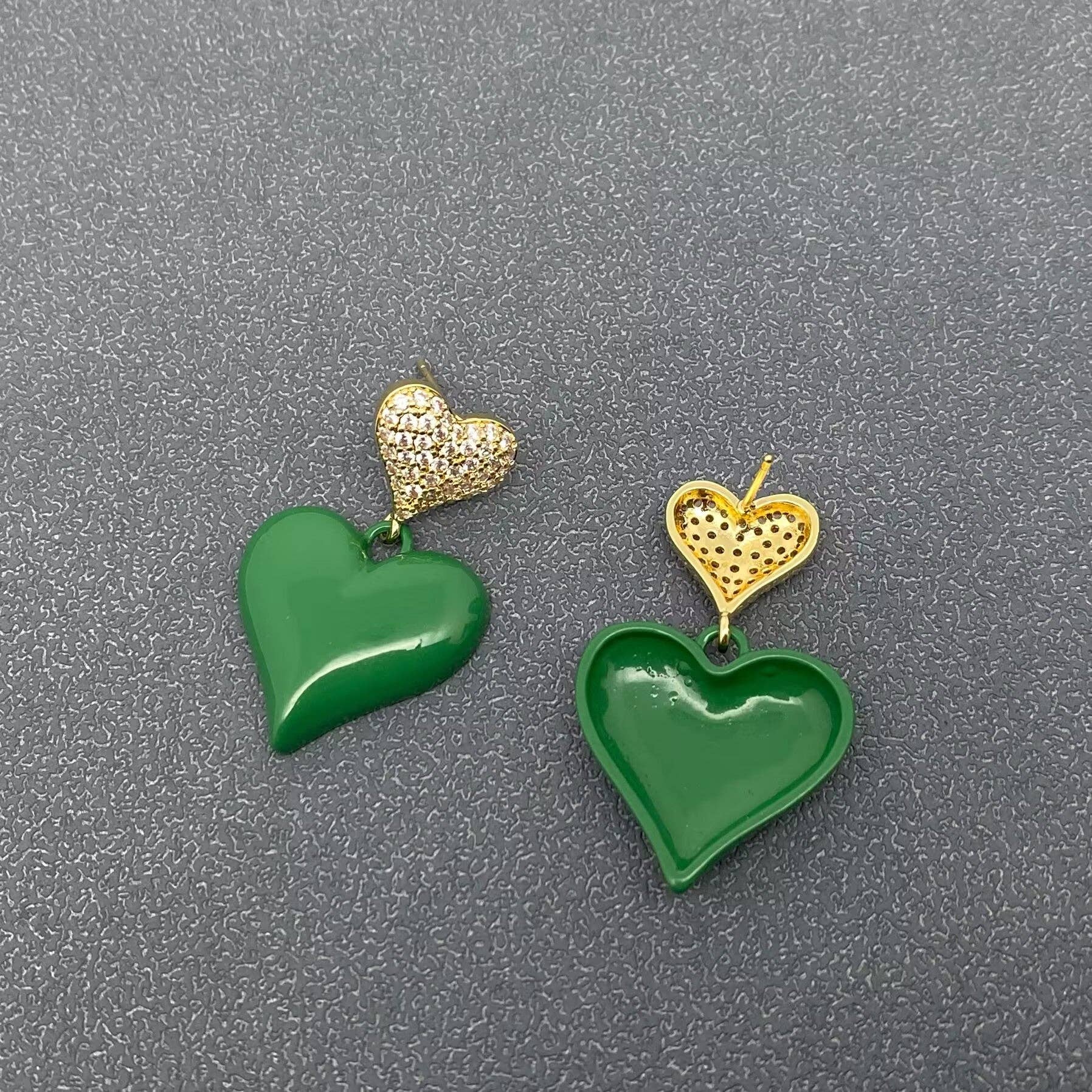 Handpicked Enamel Green Heart Charm Post Earrings