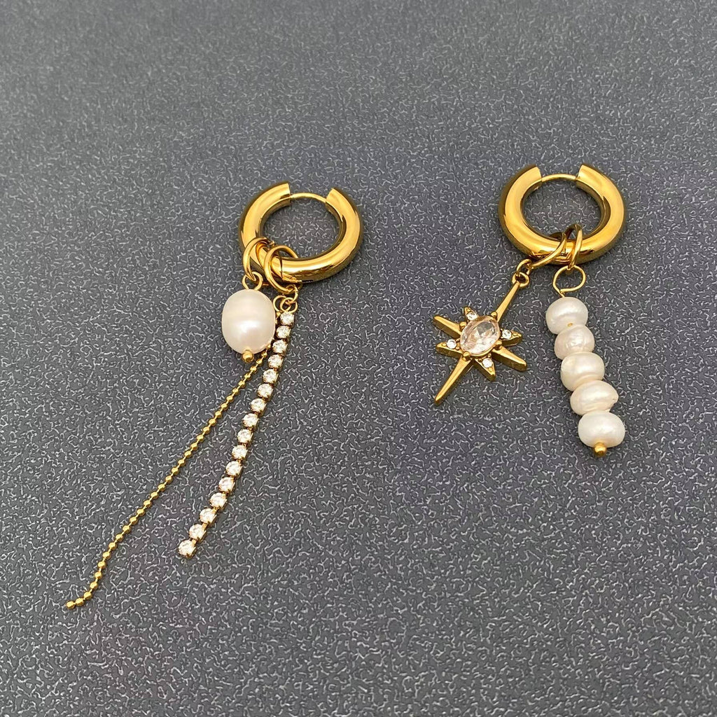 Handpicked Pearl Zircon Star Charm Huggie Earrings