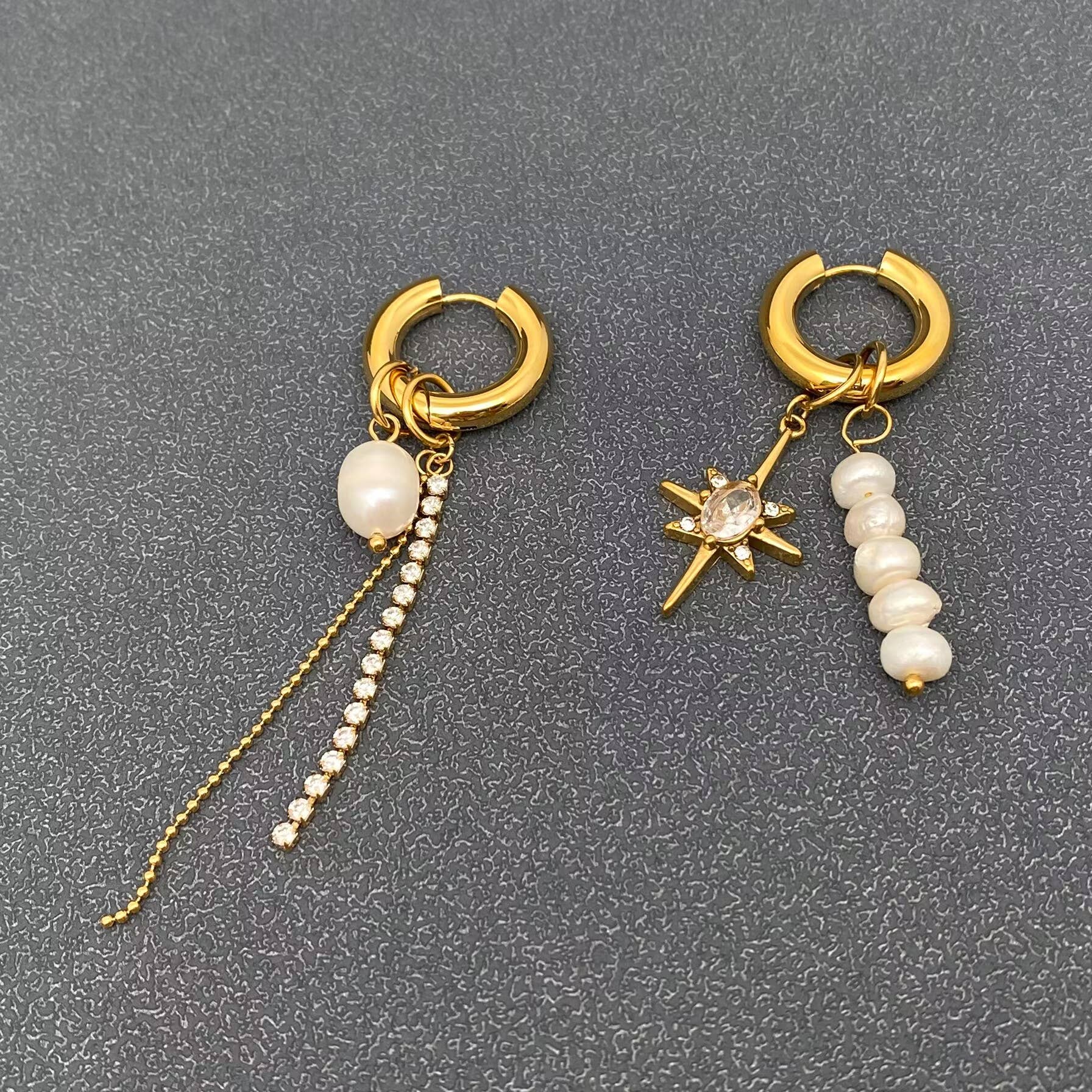 Handpicked Pearl Zircon Star Charm Huggie Earrings
