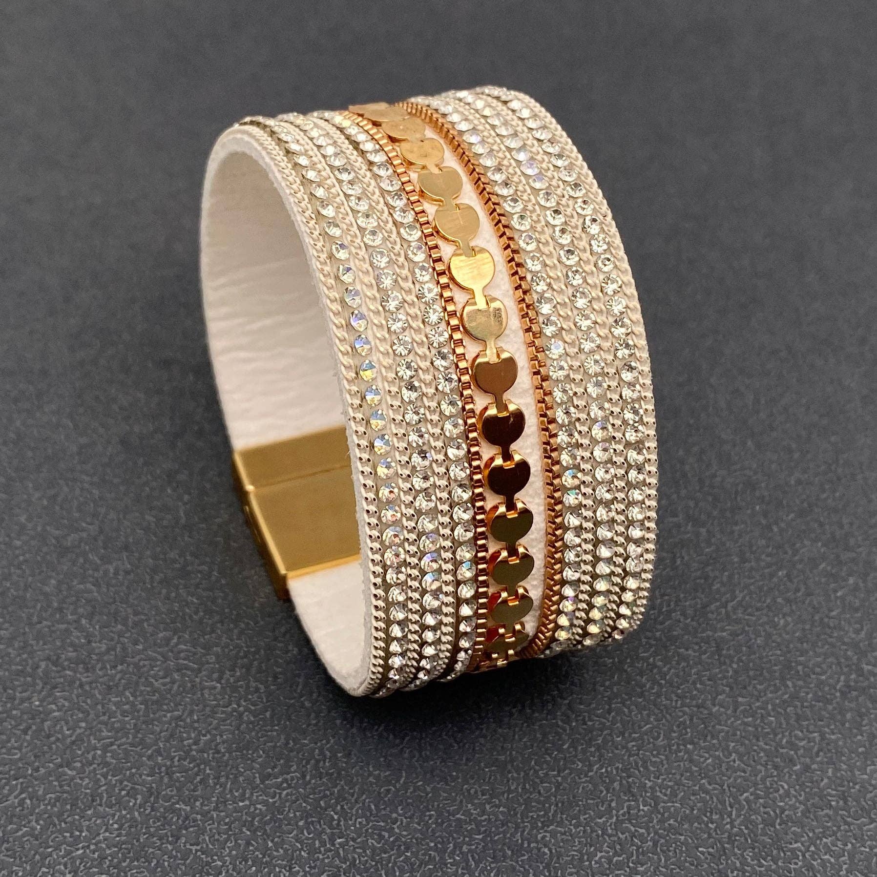Handpicked Rhinestone Leather Magnetic Clasp Bracelet