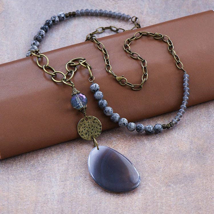 Natural Stone Bead Necklace with Stone Pendant S0OX3T6519