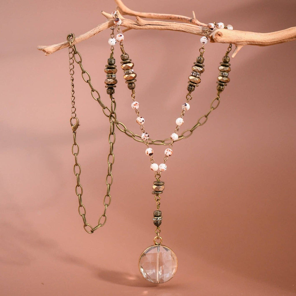 Natural Stone Bead Chain Link Necklace, Glass Crystal Pendant S0OX3T6517