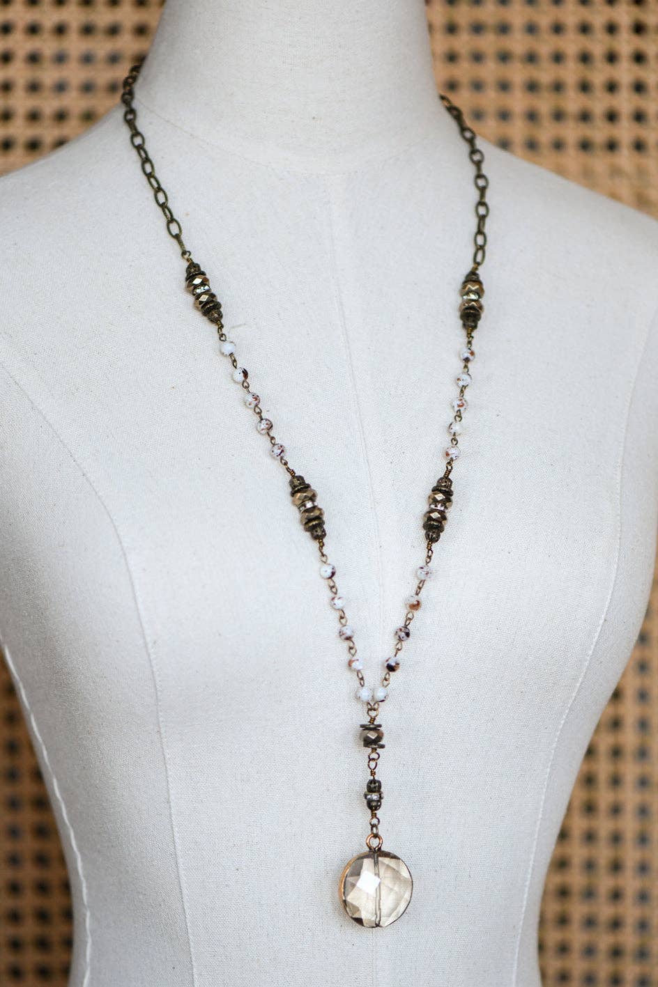Natural Stone Bead Chain Link Necklace, Glass Crystal Pendant S0OX3T6517