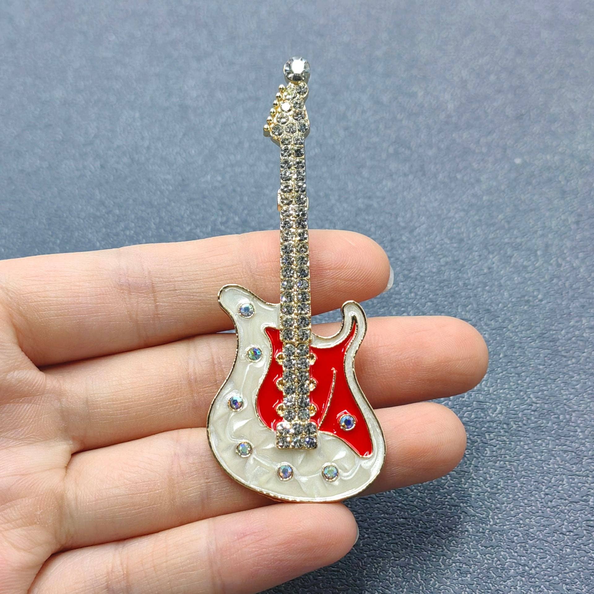 Handpicked Rhinestone Enamel Rock and Roll Guitar Brooch