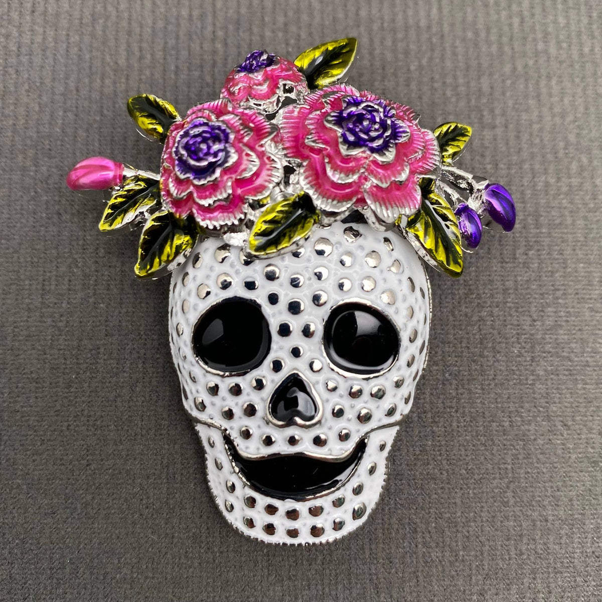 Handpicked Skull with Wreath Enamel Brooch