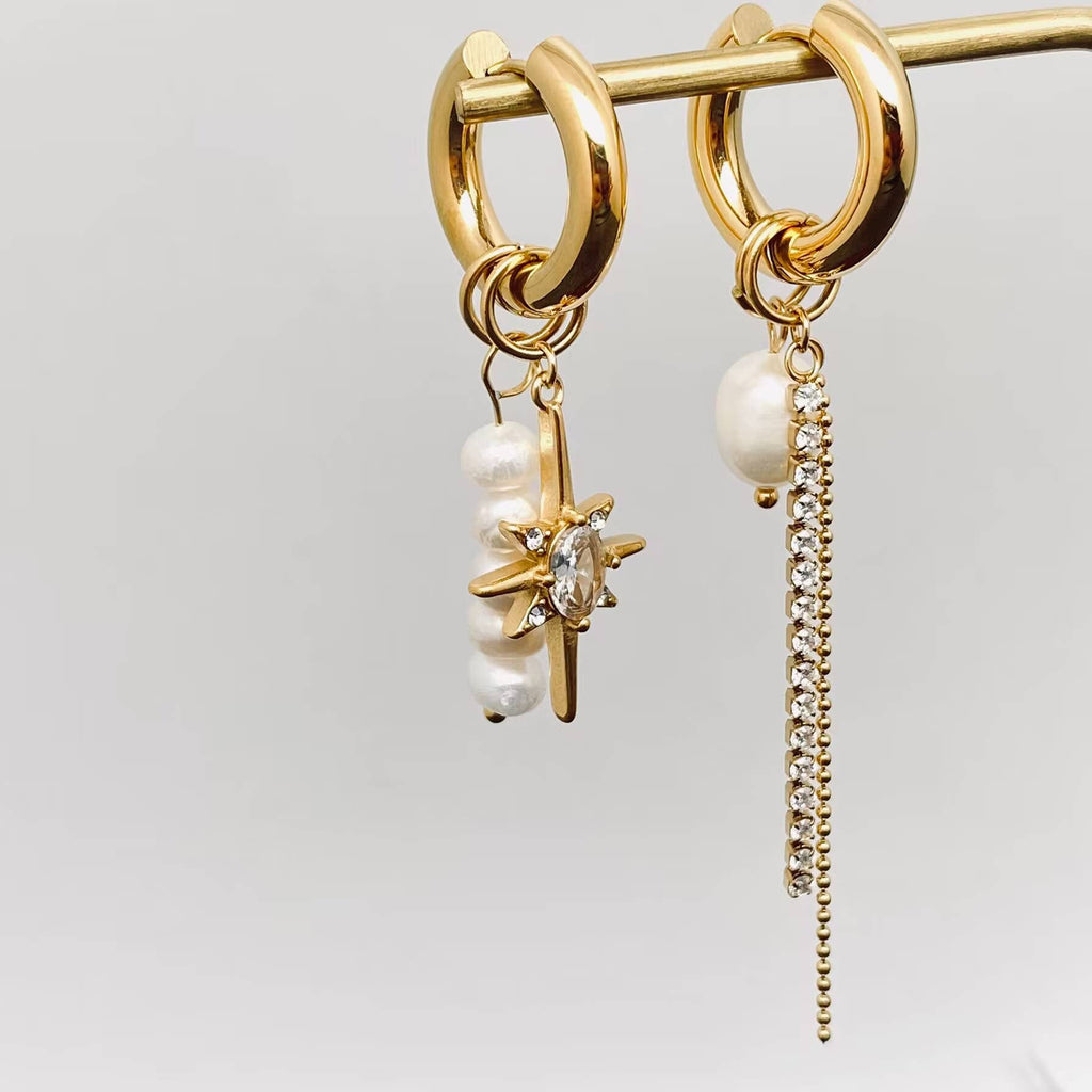 Handpicked Pearl Zircon Star Charm Huggie Earrings
