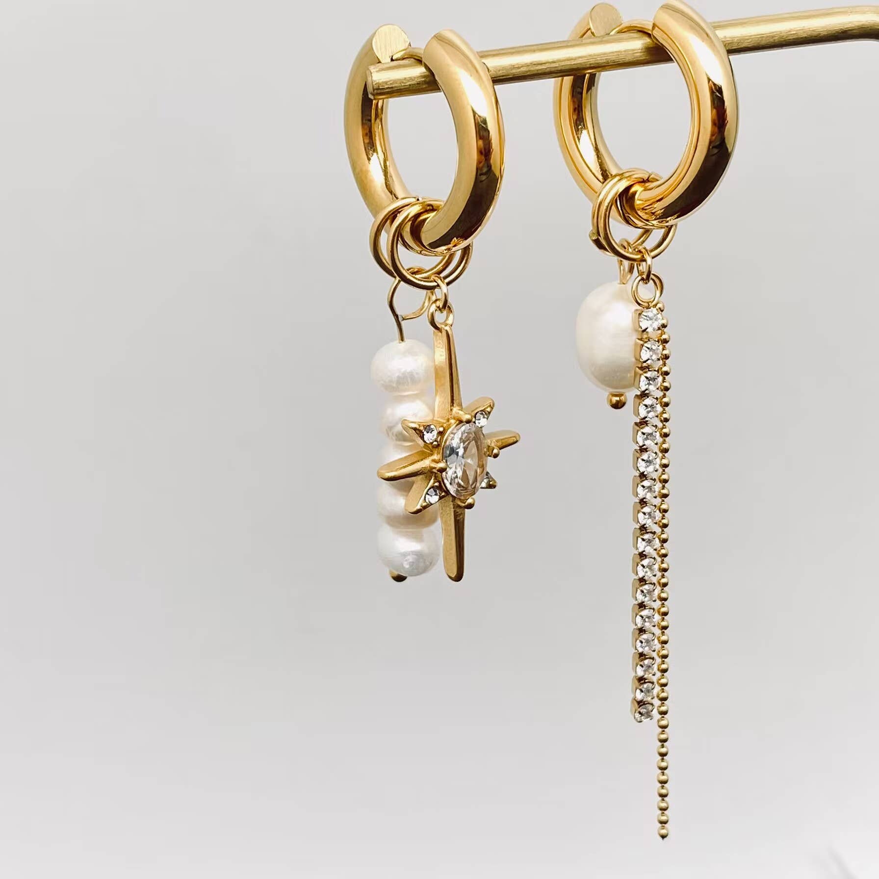 Handpicked Pearl Zircon Star Charm Huggie Earrings