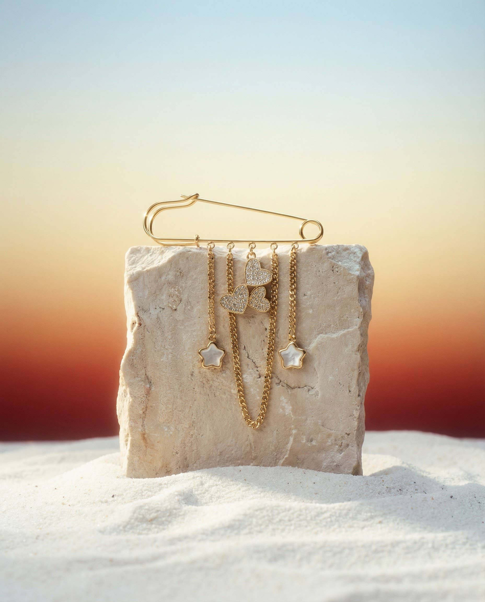 Handpicked Safety-Pin Brooch with Gold Hearts and Stars