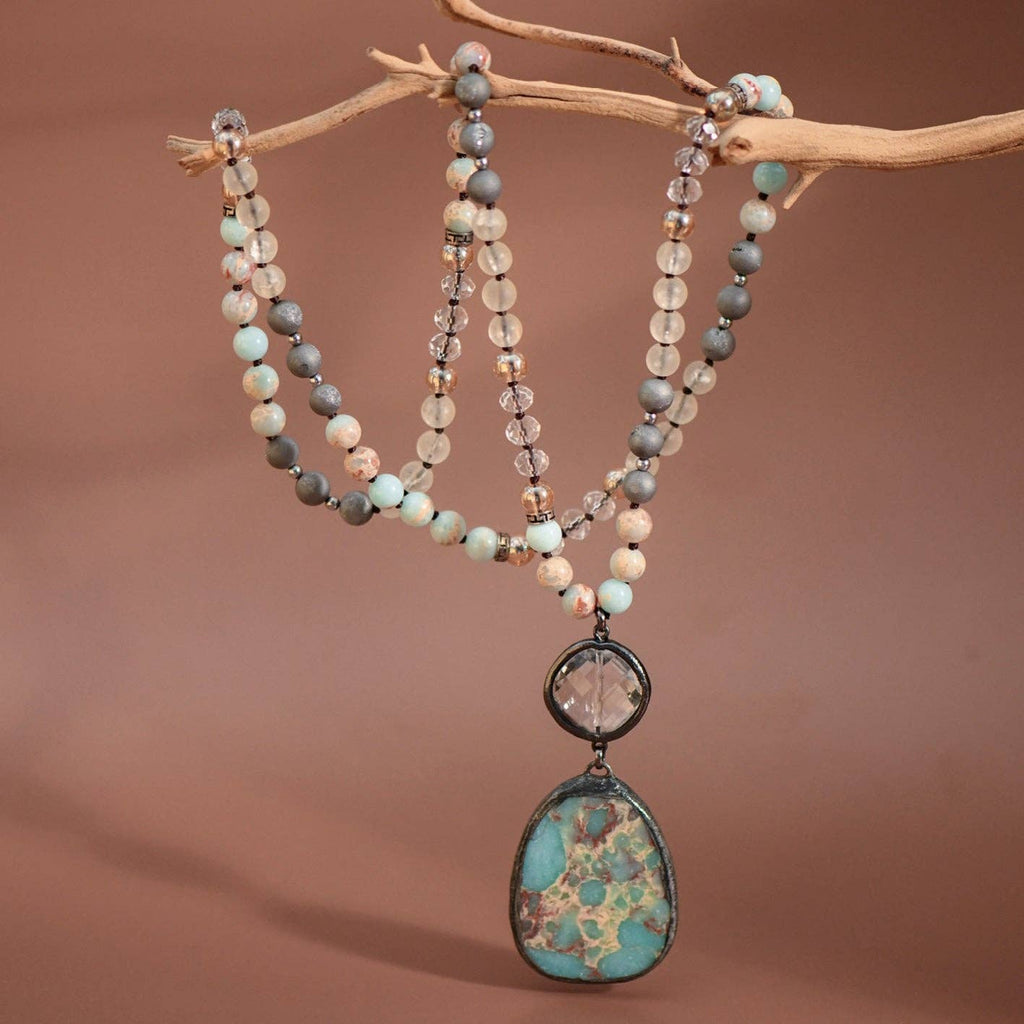 Natural Stone Bead Necklace with Stone Pendant S0OX3T6910
