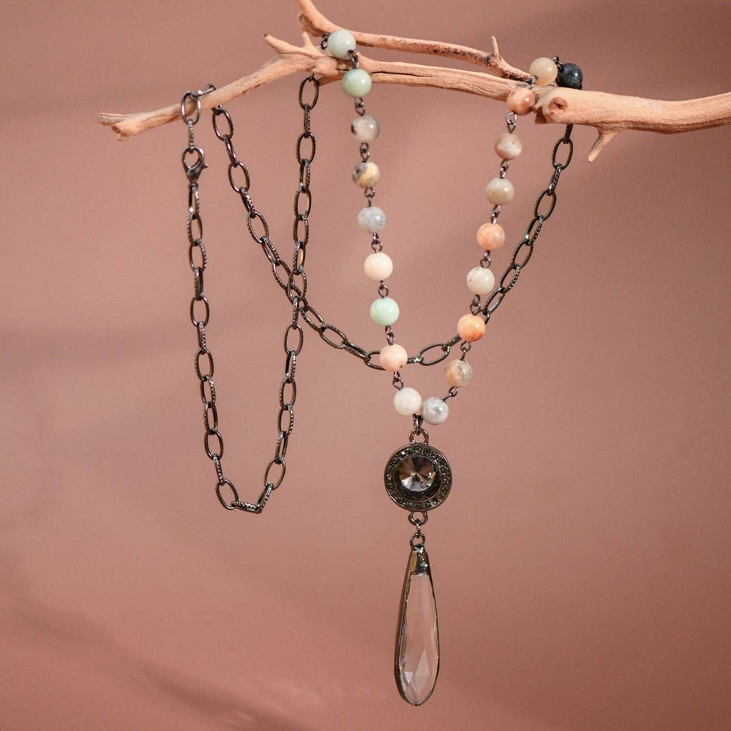 Glass Crystal Pendant Beaded Chain Link Necklace S0OX3T6473