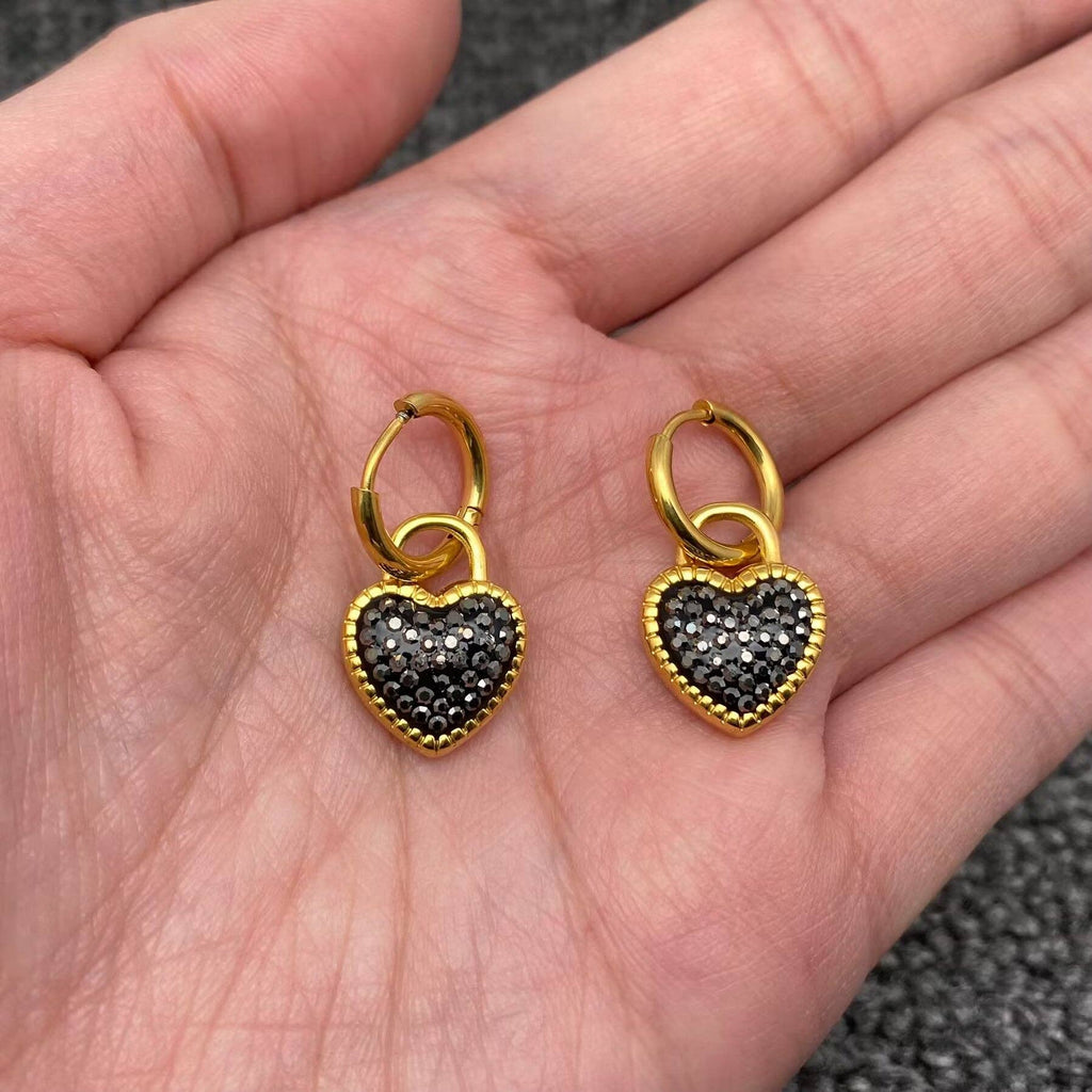 Handpicked Black Rhinestone Heart Huggie Earrings