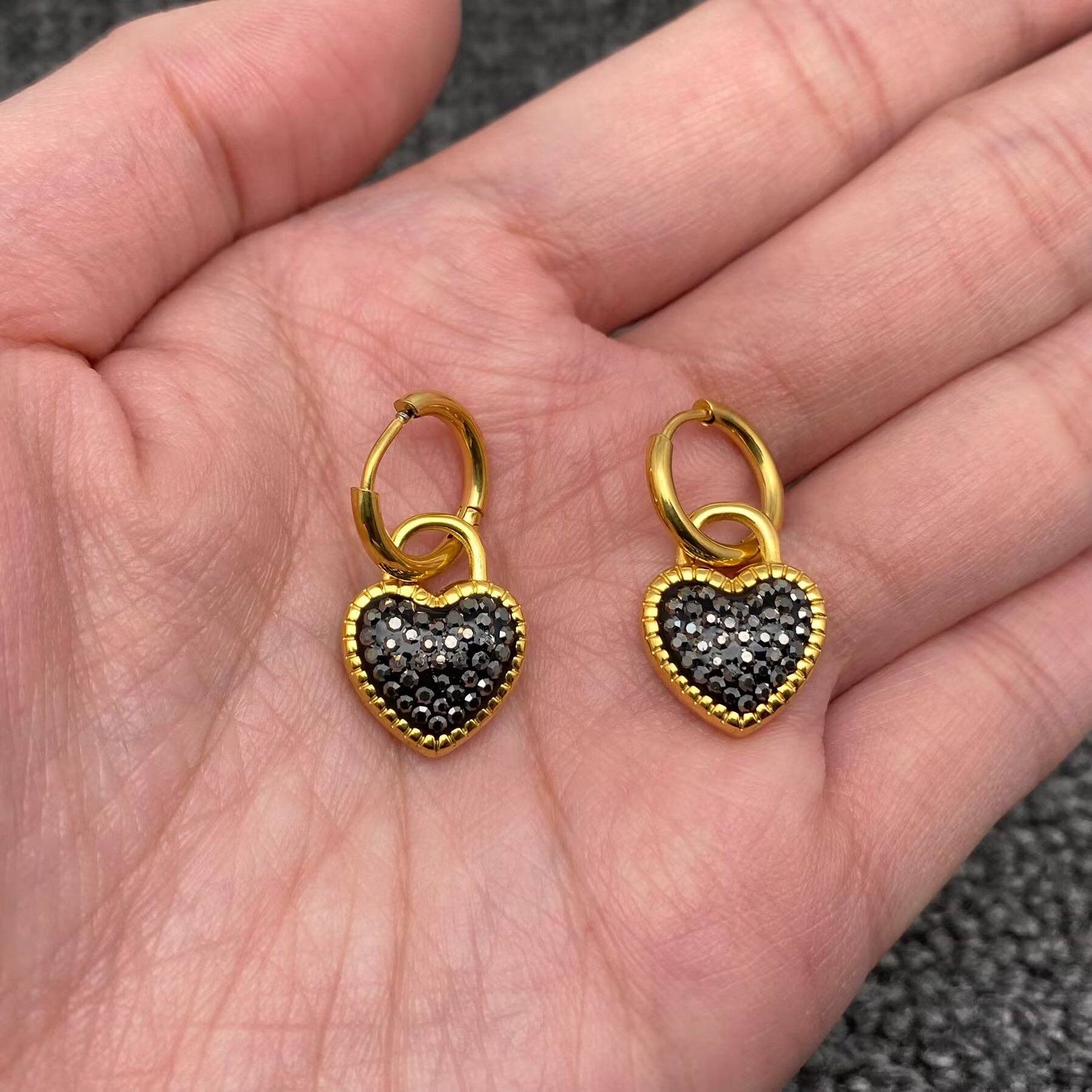 Handpicked Black Rhinestone Heart Huggie Earrings