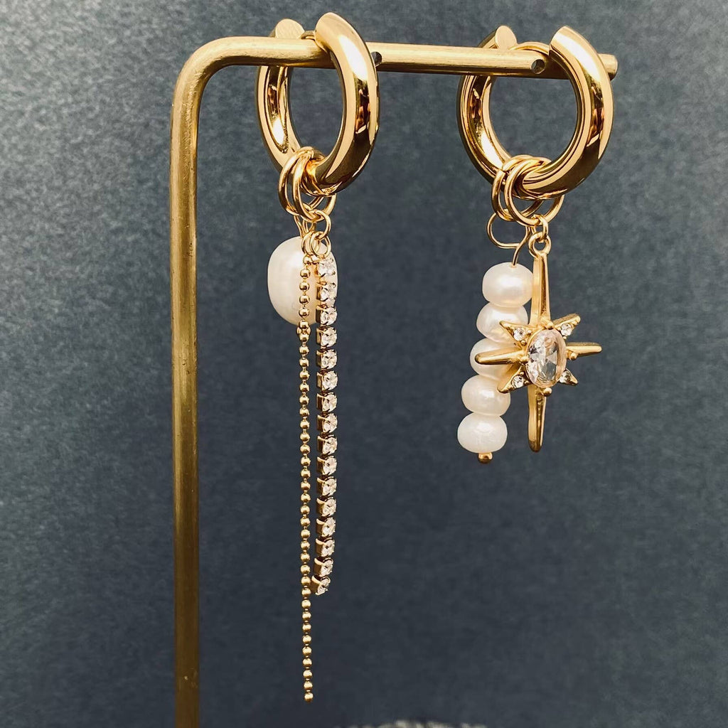 Handpicked Pearl Zircon Star Charm Huggie Earrings