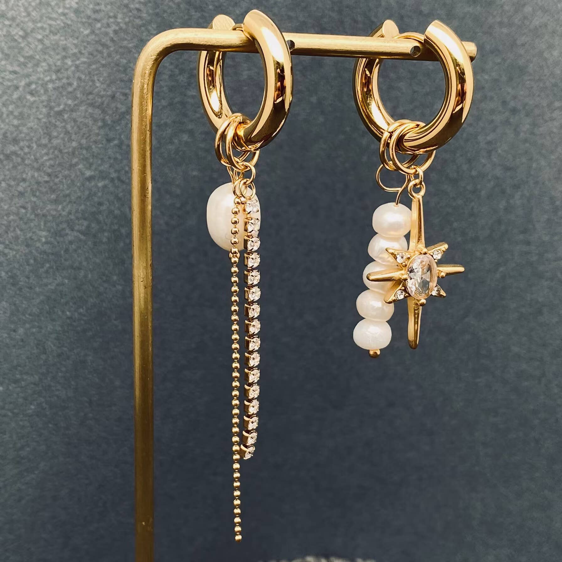 Handpicked Pearl Zircon Star Charm Huggie Earrings