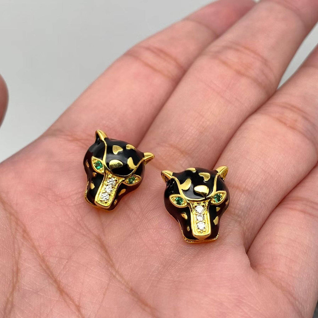 Handpicked Rhinestone Enamel Panther Black Leopard Ear Studs