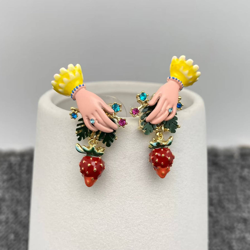Handpicked Inlaid Rhinestone Enamel Hand Picking Strawberry Earrings