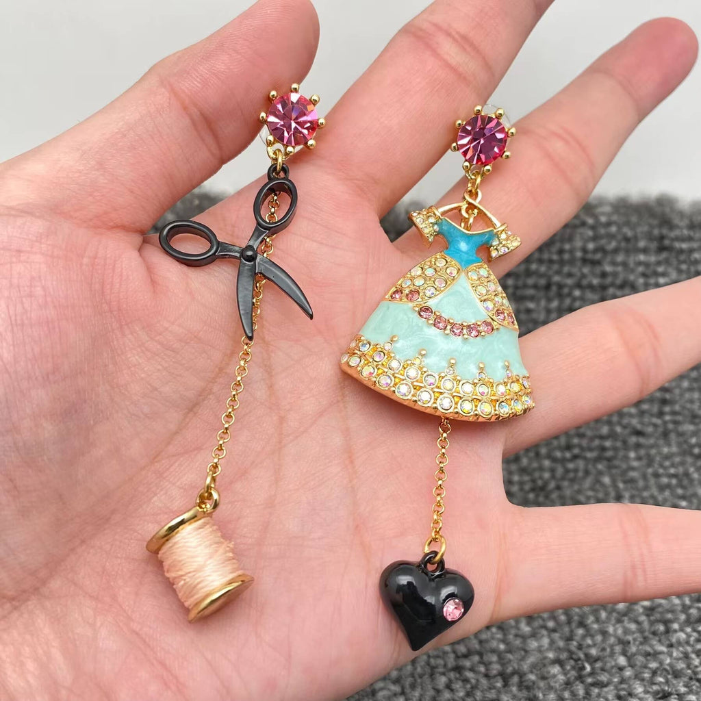 Handpicked Sparkling Rhinestone Dress Scissors Asymmetric Post Earrings