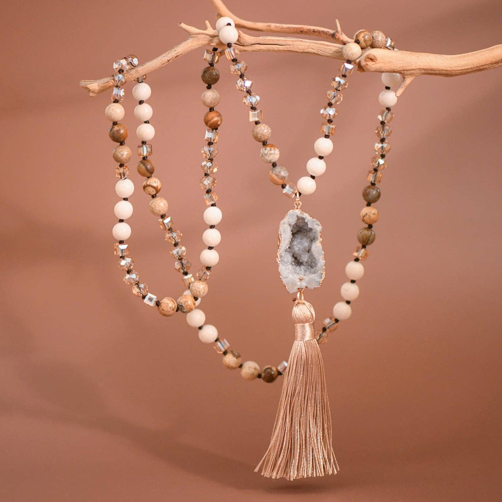 Stone Bead Necklace with Druzy Tassel Pendant