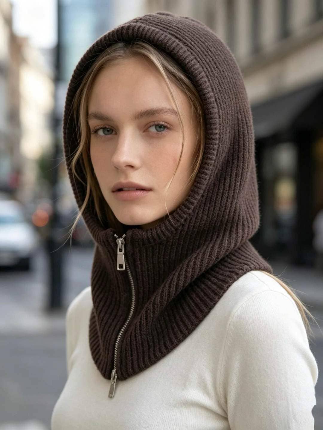 Women's Knit Hooded Scarf with Zipper