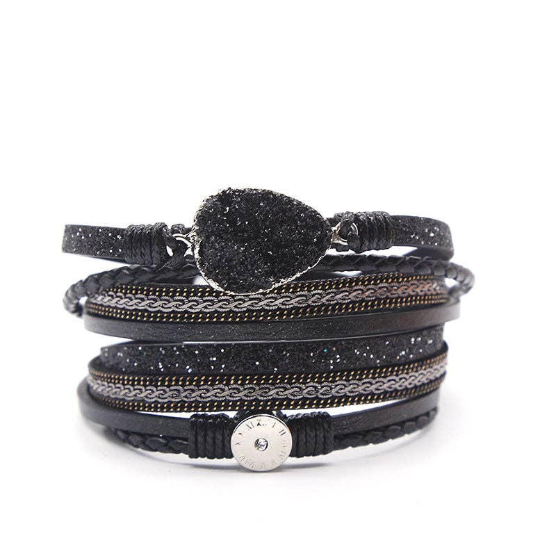 Handpicked Crystal Multi-Layer Leather Magnetic Snap Bracelet