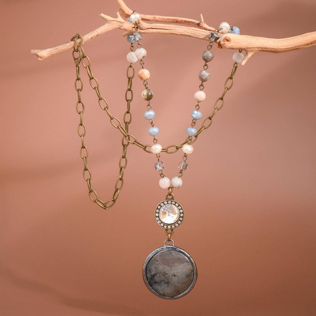 Natural Stone Pendant Beaded Chain Link Necklace S0OX3T6466
