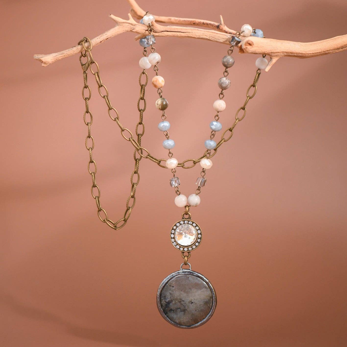 Natural Stone Pendant Beaded Chain Link Necklace S0OX3T6466