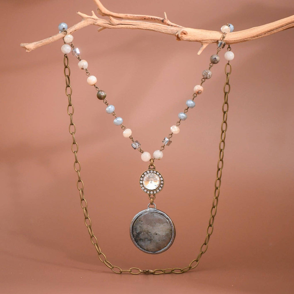 Natural Stone Pendant Beaded Chain Link Necklace S0OX3T6466