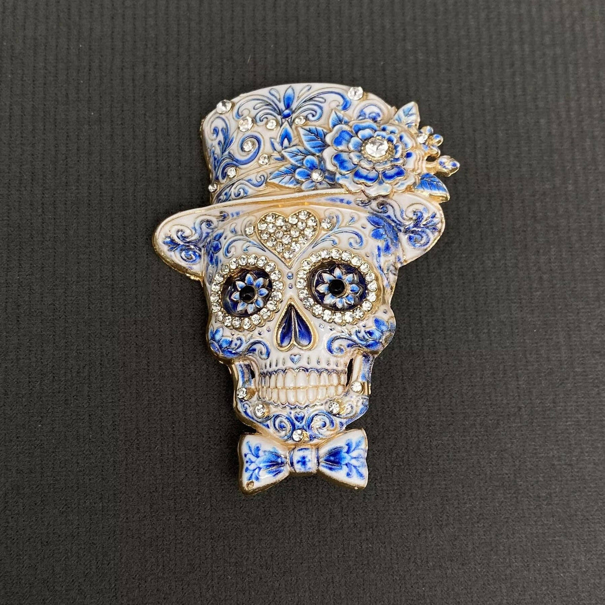 Handpicked Enamel Skull With Top Hat Brooch