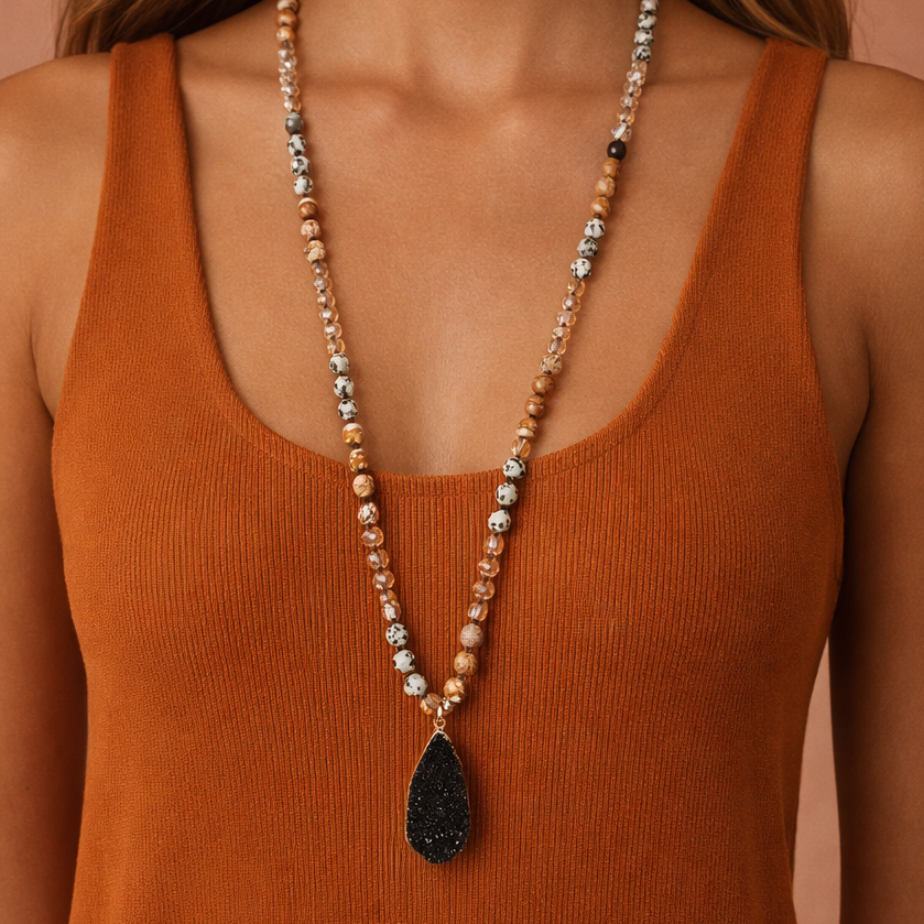 Natural Stone Bead Necklace with Druzy Pendant