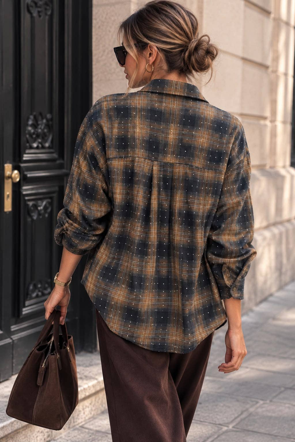 Oversized Plaid Shirt with Rhinestones