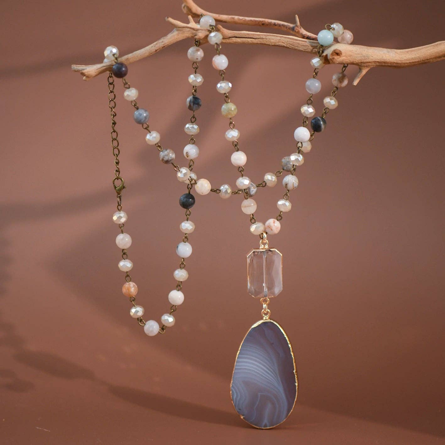 Natural Stone Bead Necklace with Agate Pendant S0OX3T6293