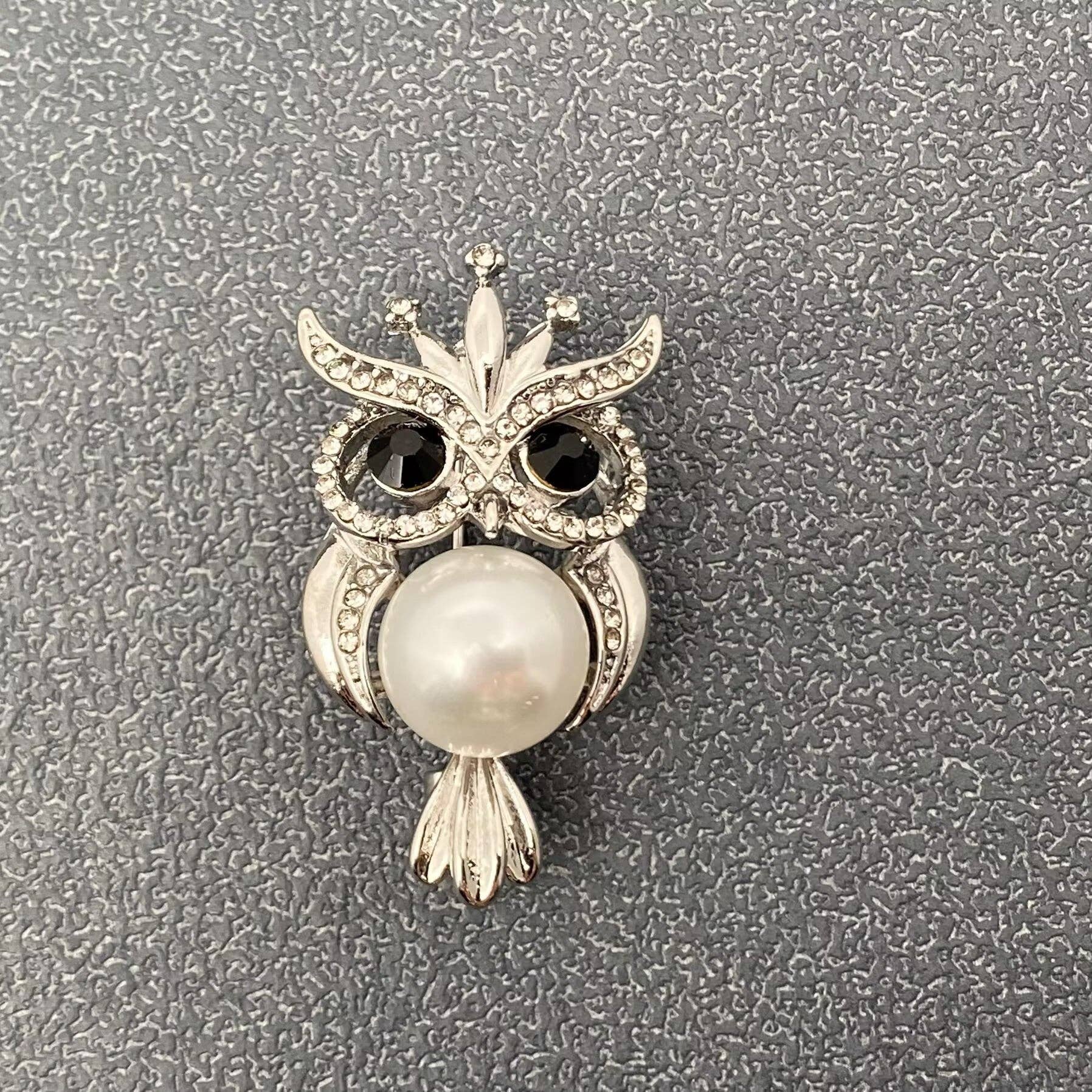 Handpicked Rhinestone & Pearl Owl Brooch